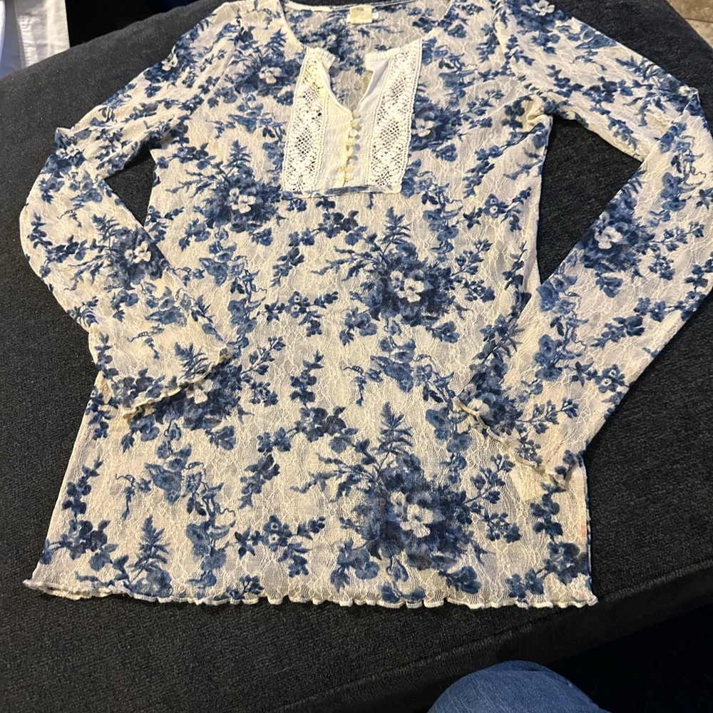 Ralph Lauren 8001 Denim & Supply Blue Floral Lace Stretch Knit Henley Top XL - Picture 2 of 5